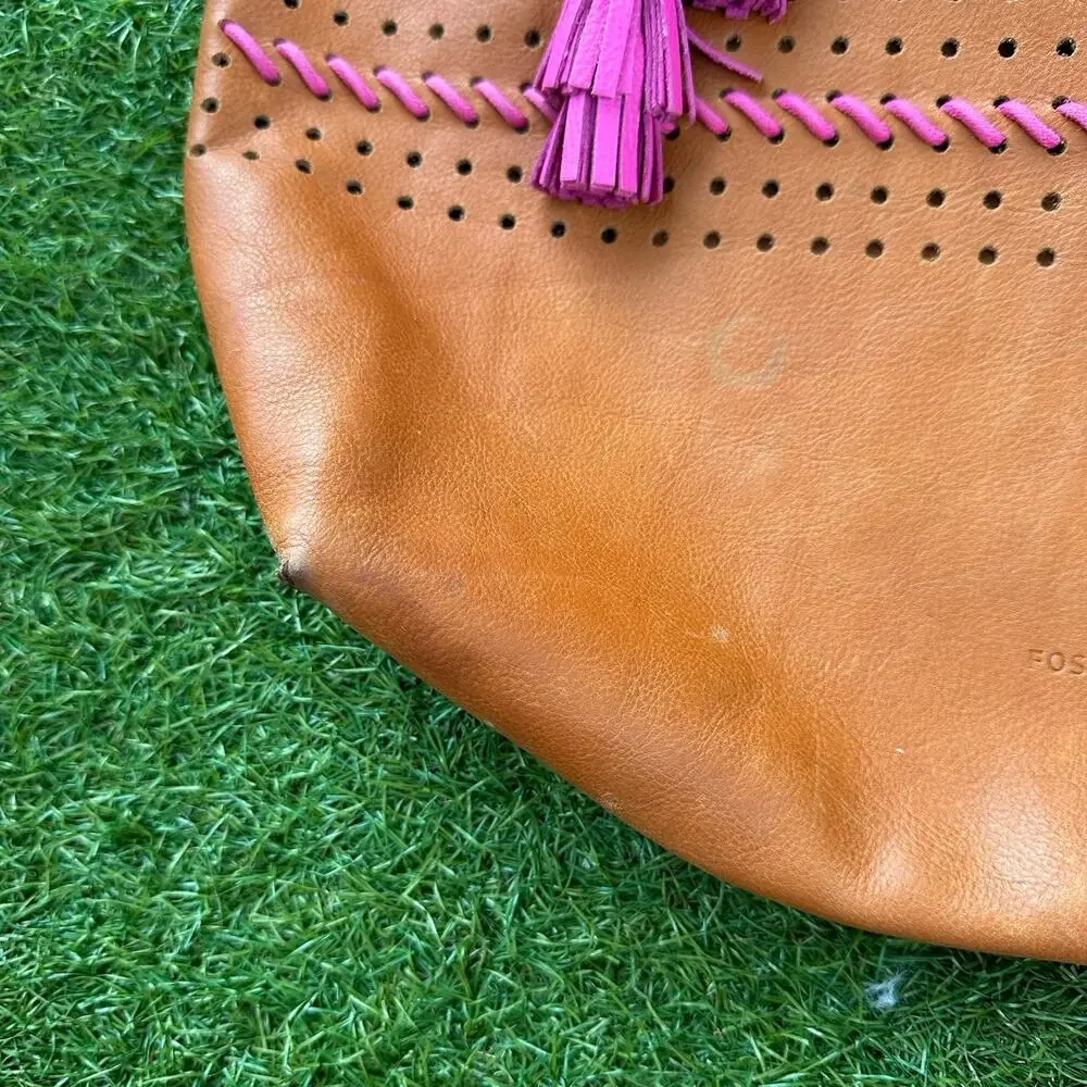 Vintage Fossil Rachel Large Tot Brown Whipstitched Leather Tassels Bag Key Pouch